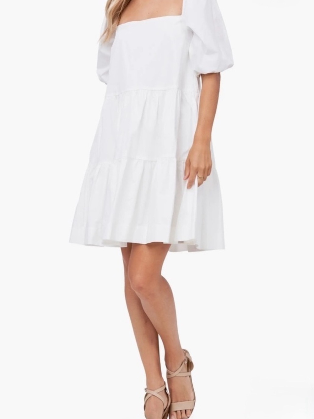 En Saison White Square Neck Puff Sleeve Tiered Poplin Mini Dress